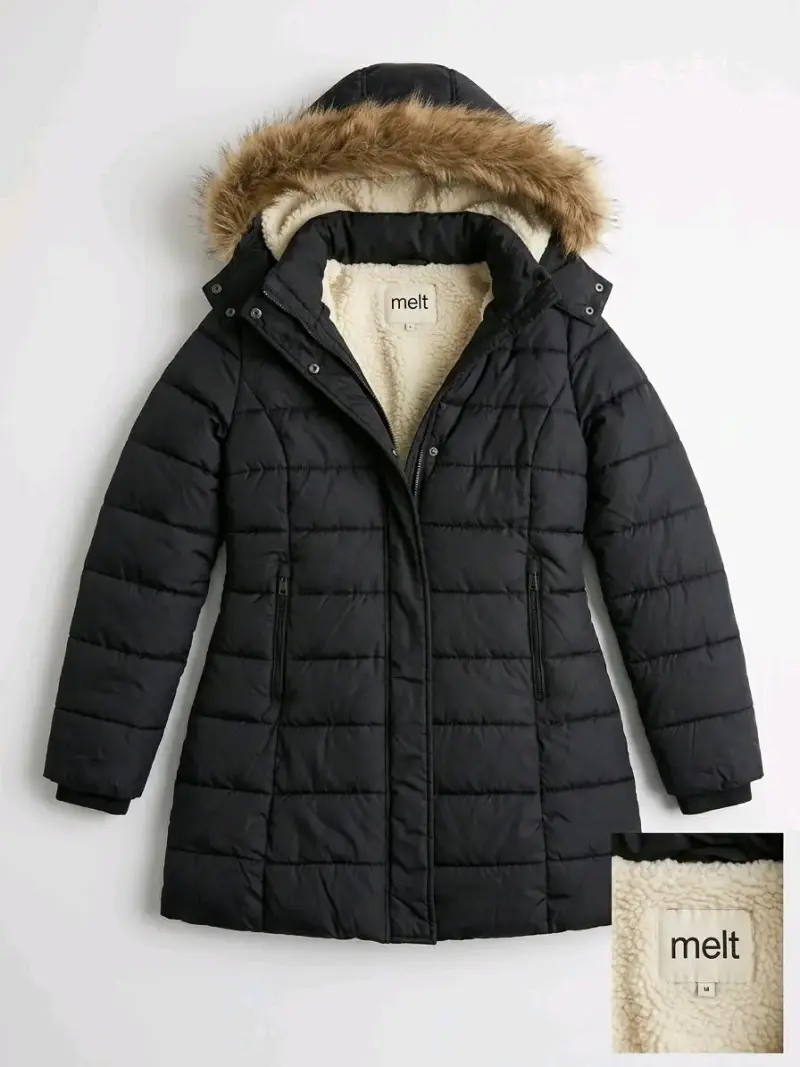 Abrigo negro talla 14, con capucha de piel Melt