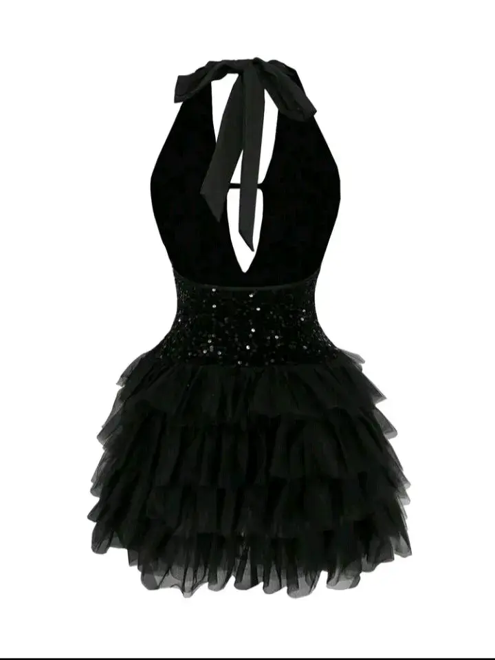 Vestido corto negro con lentejuelas y volantes - 2