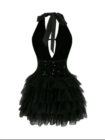 Vestido corto negro con lentejuelas y volantes - miniatura 2
