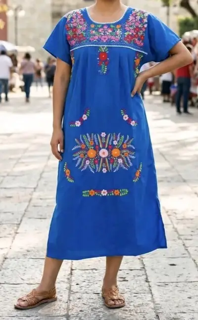 Vestido bordado azul estilo mexicano Talla L - miniatura 1