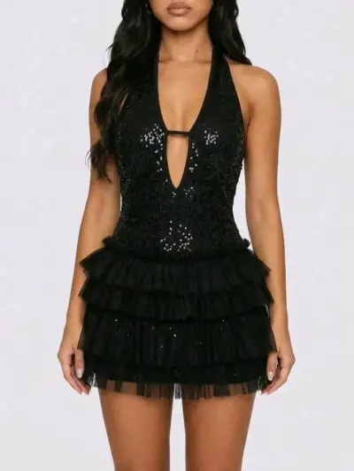 Vestido corto negro con lentejuelas y volantes - miniatura 1