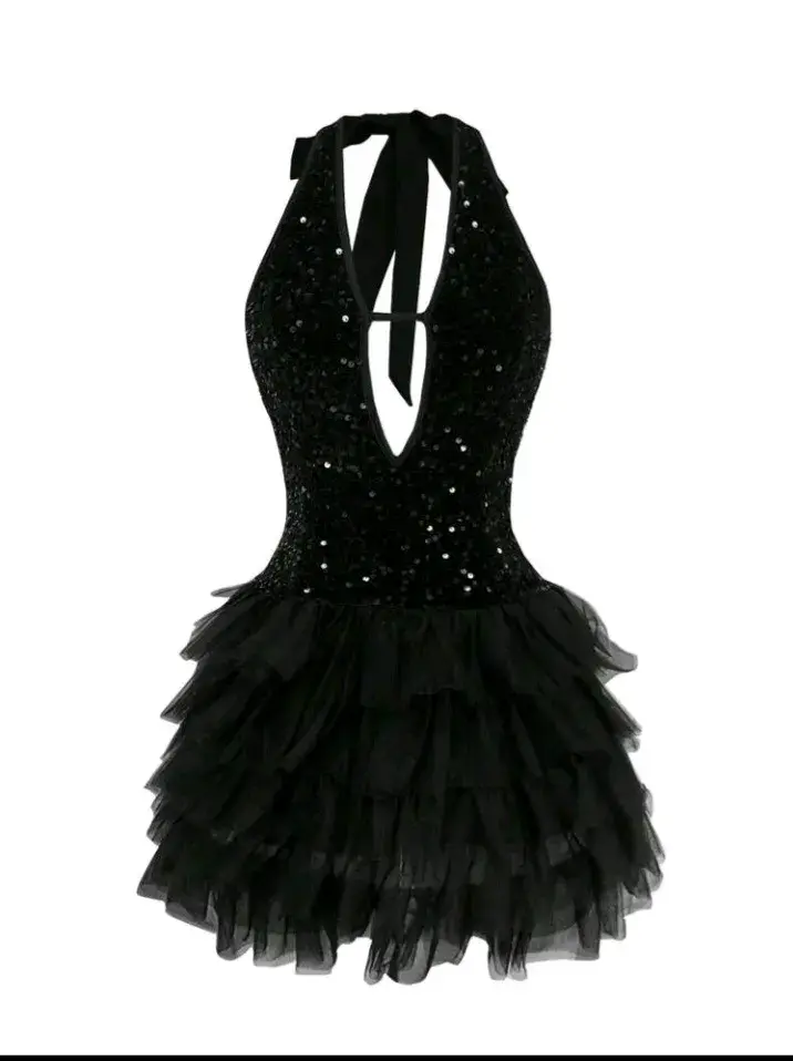 Vestido corto negro con lentejuelas y volantes - 2