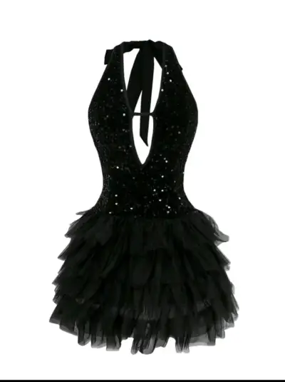 Vestido corto negro con lentejuelas y volantes - miniatura 2
