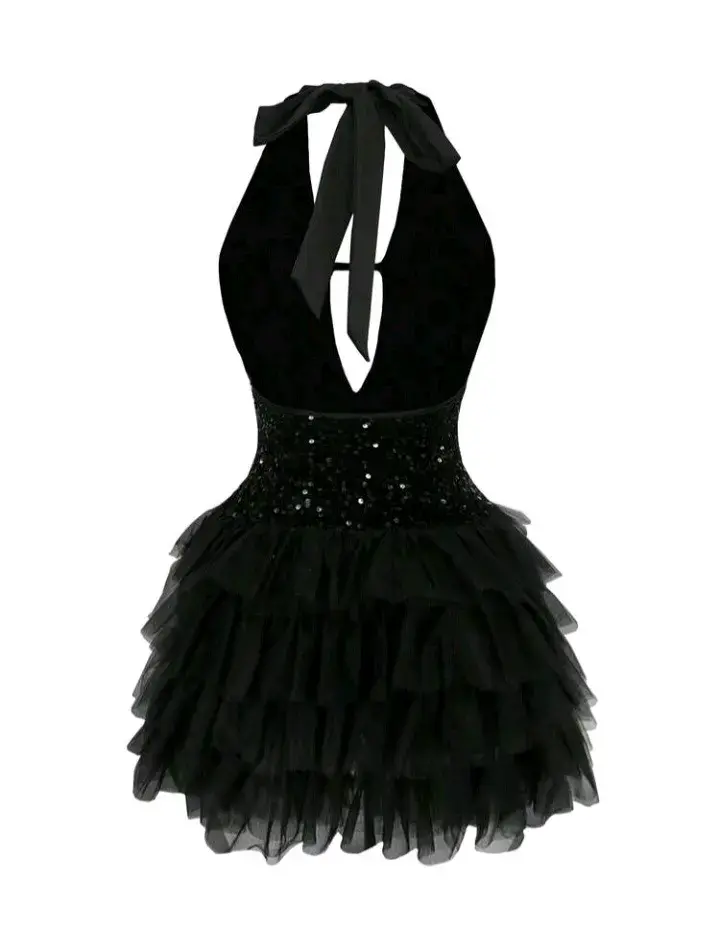 Vestido corto negro con lentejuelas y volantes - 3