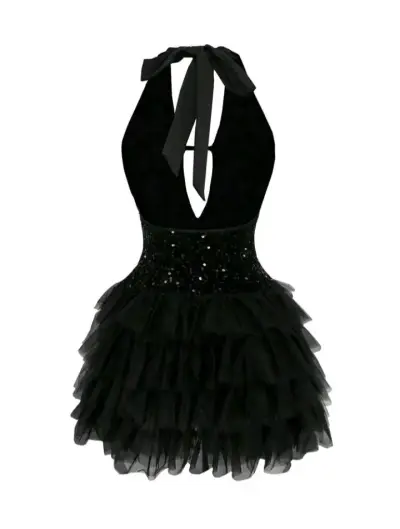 Vestido corto negro con lentejuelas y volantes - miniatura 3
