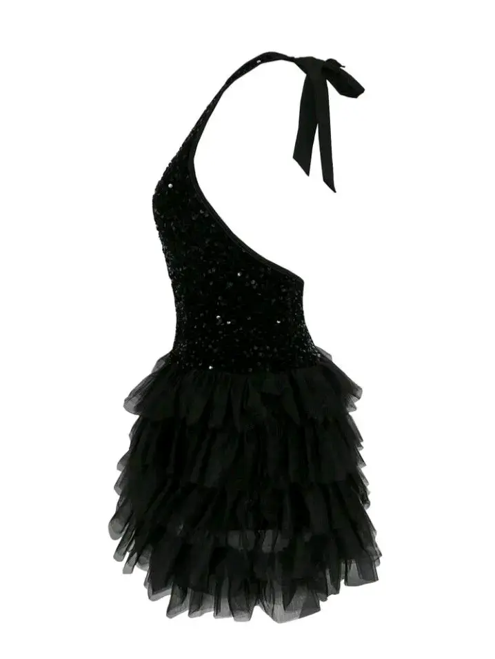 Vestido corto negro con lentejuelas y volantes - 5