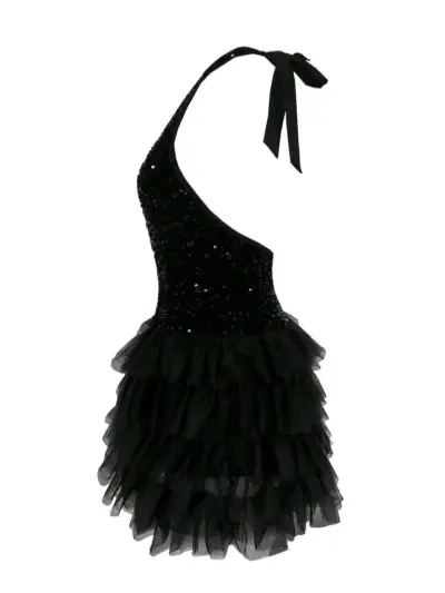 Vestido corto negro con lentejuelas y volantes - miniatura 5