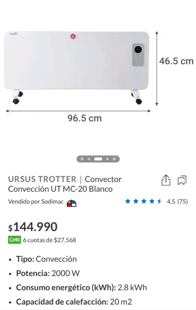 Calefactor Convector Ursus Trotter Blanco 2000W - miniatura 3