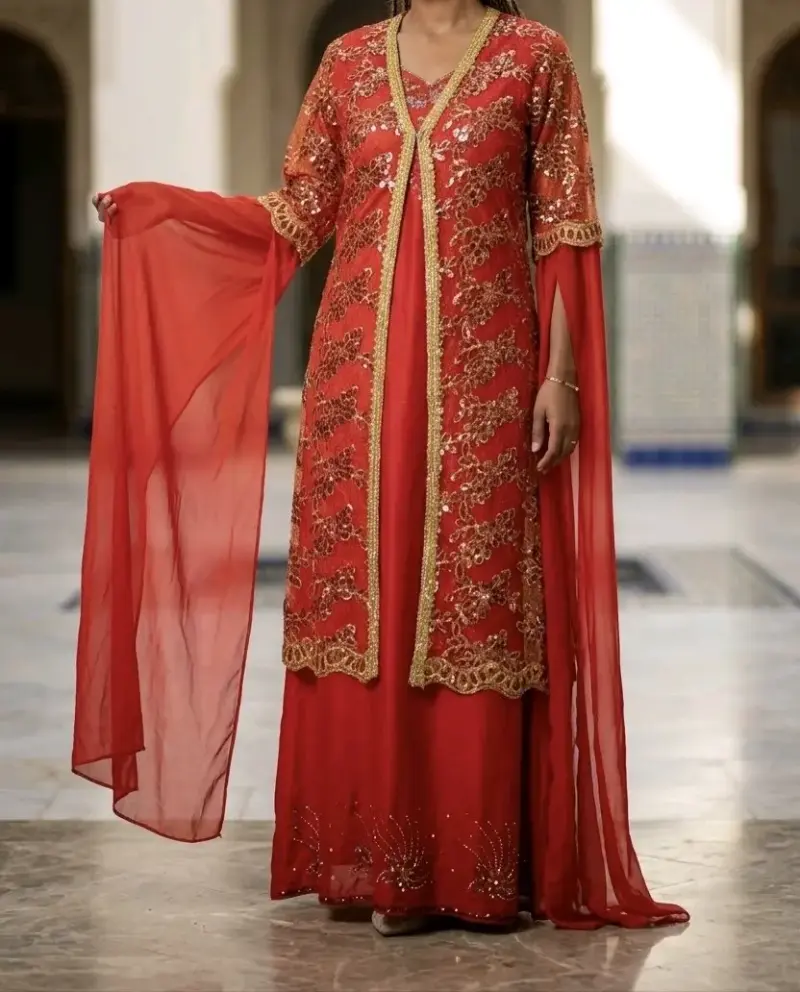 Vestido tradicional rojo con bordados dorados S - 1