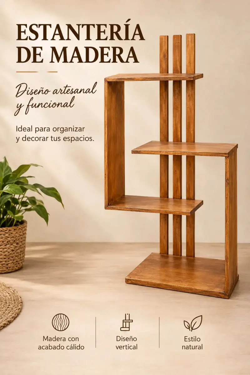 Estantería de madera artesanal y funcional