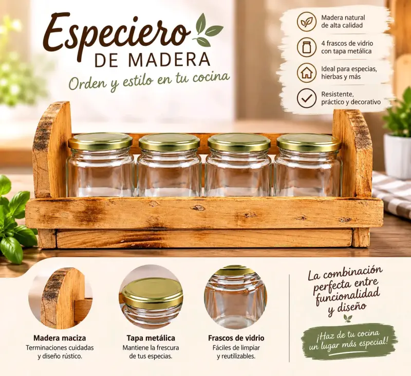 Especiero de madera con frascos de vidrio