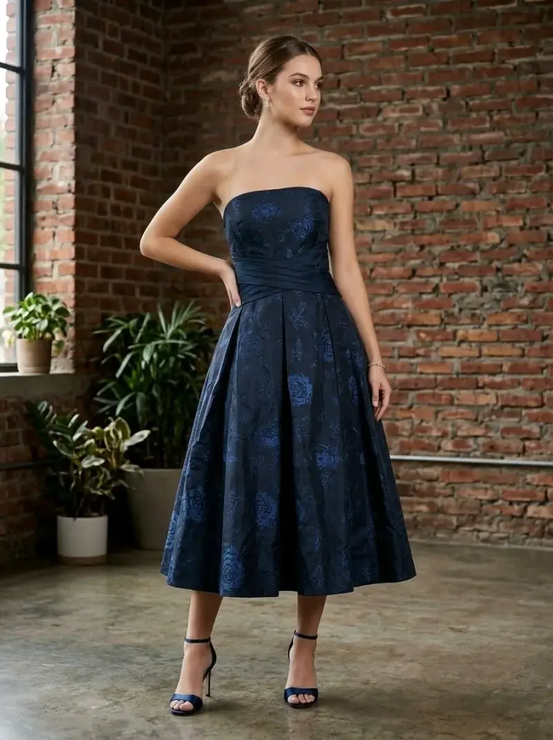 Vestido de fiesta azul oscuro sin tirantes