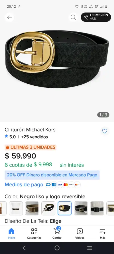 Cinturón Michael Kors negro con hebilla dorada - miniatura 3