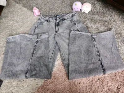 Jeans anchos grises desgastados para mujer - miniatura 1
