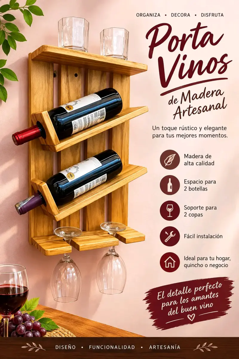 Porta vinos de madera artesanal para 2 botellas