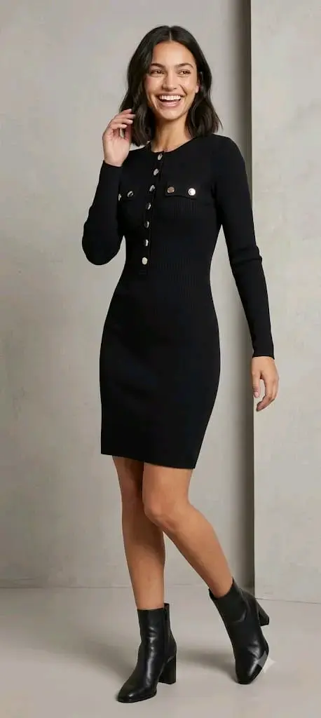 Vestido negro ajustado con botones decorativos - 1
