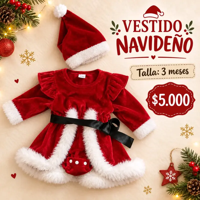 Vestido navideño para bebé con gorro, talla 3 meses